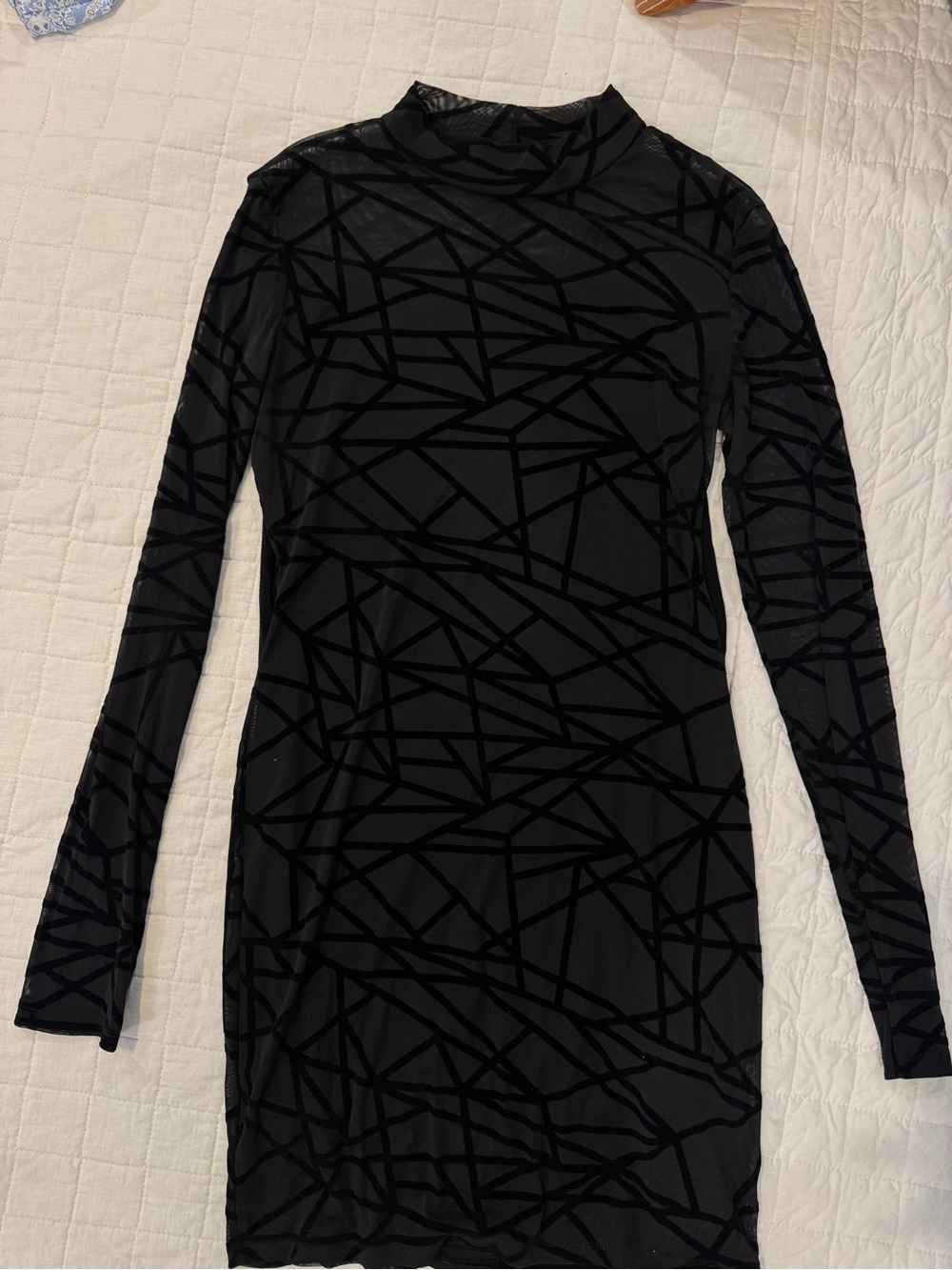 Women’s Sheer Black Long-Sleeve Geometric Sheath Dress